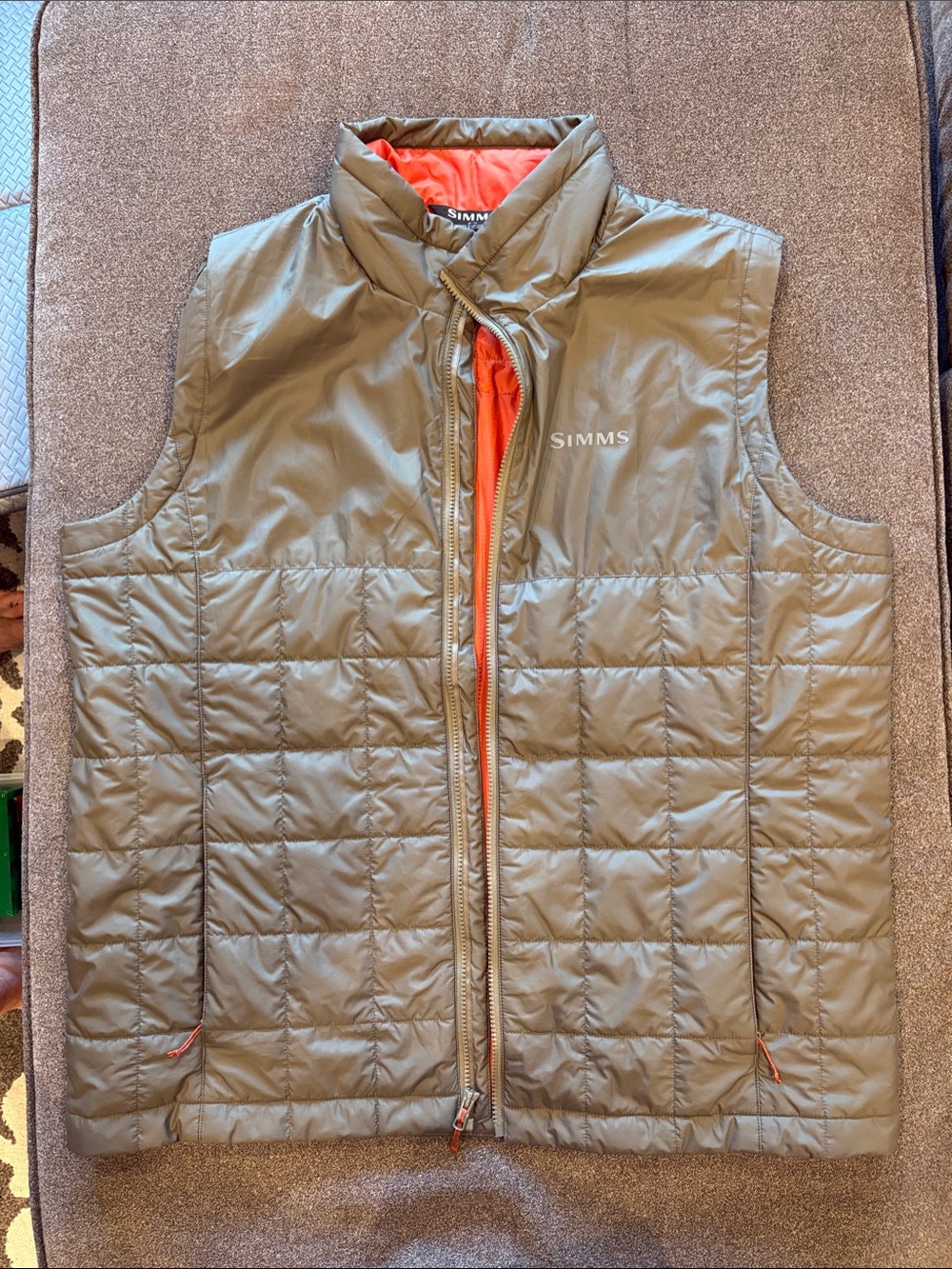 Simms Olive Green Quilted Vest with Orange Liner